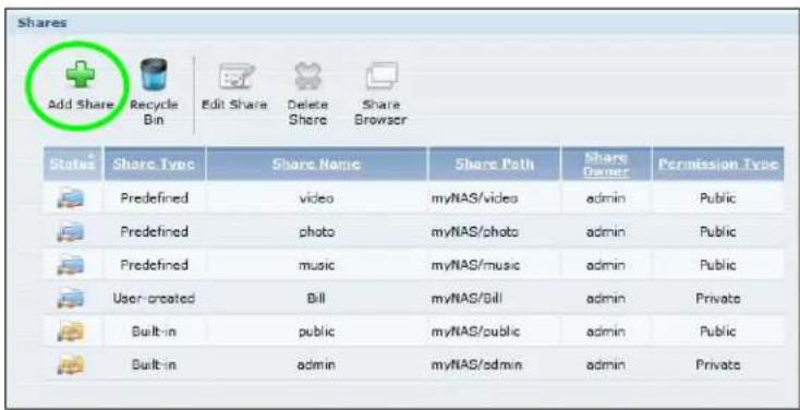 Shares Add Share Recycle Bin Edit Share Delete Share Browser States Share Type Share Name Share Path Share Owner Permission Type Predefined video myNAS/video admin Public Predefined photo myNAS/photo admin Public Predefined music myNAS/music admin Public User-created Bill myNAS/Bill admin Private Built-in public myNAS/public admin Public Built-in admin myNAS/admin admin Private