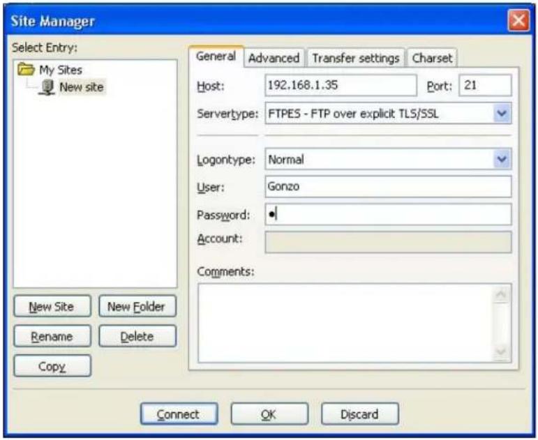 Site Manager Select Entry: My Sites New site New Site New Folder Rename Delete Copy General Advanced Transfer settings Charset Host: 192.168.1.35 Port: 21 Servertype: FTPES - FTP over explicit TLS/SSL Logontype: Normal User: Gonzo Password: Account: Comments: Connect OK Discard