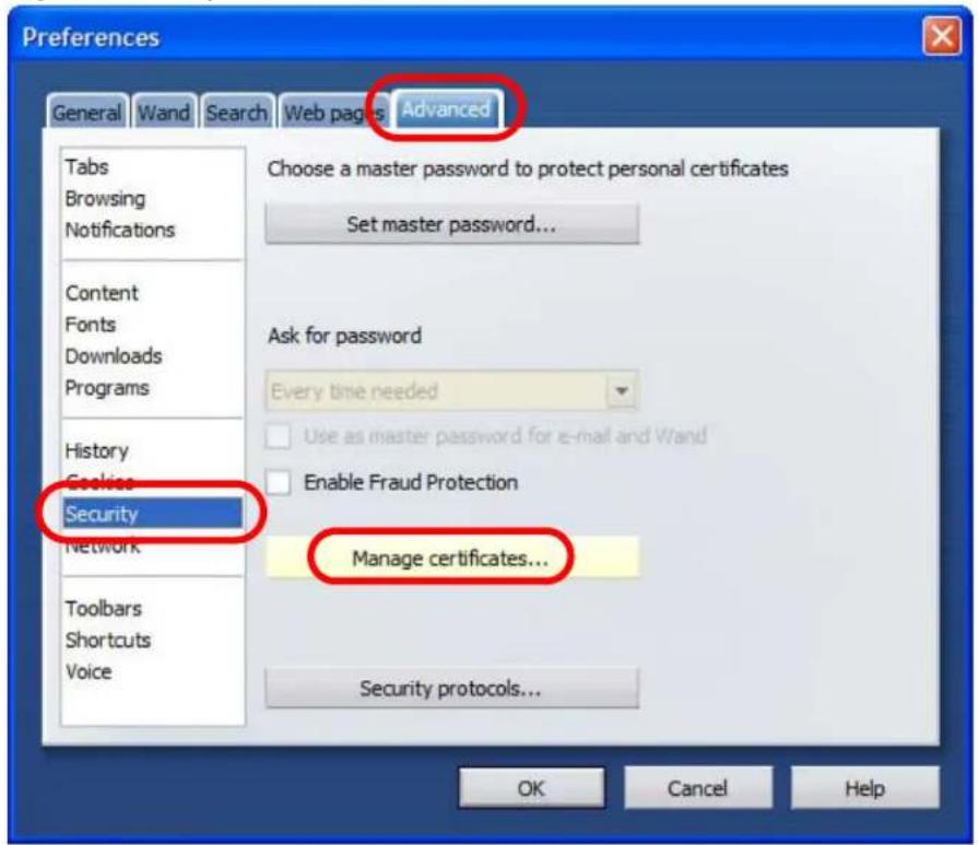 Preferences General Wand Search Web pages Advanced Tabs Browsing Notifications Content Fonts Downloads Programs History Cookies Security Network Toolbars Shortcuts Voice Choose a master password to protect personal certificates Set master password... Ask for password Every time needed Use as master password for e-mail and Wand Enable Fraud Protection Manage certificates... Security protocols... OK Cancel Help