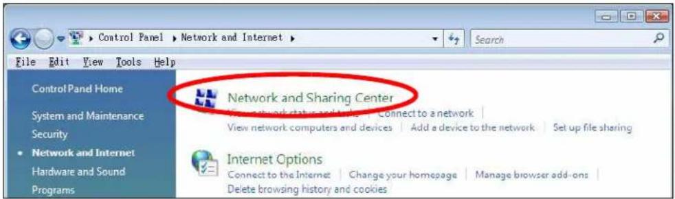 Control Panel > Network and Internet > Search File Edit View Tools Help Control Panel Home System and Maintenance Security • Network and Internet Hardware and Sound Programs Network and Sharing Center View network status on networks | Connect to a network | View network computers and devices | Add a device to the network | Set up file sharing Internet Options Connect to the Internet | Change your homepage | Manage browser add-ons | Delete browsing history and cookies