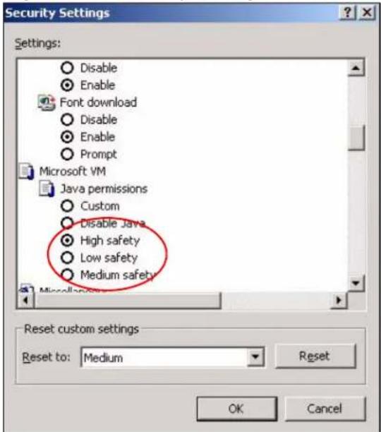 Security Settings Settings: Disable Enable Font download Disable Enable Prompt Microsoft VM Java permissions Custom Disable Java High safety Low safety Medium safety Reset custom settings Reset to: Medium Reset OK Cancel