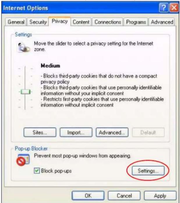 Internet Options General Security Privacy Content Connections Programs Advanced Settings Move the slider to select a privacy setting for the Internet zone. Medium - Blocks third-party cookies that do not have a compact privacy policy - Blocks third-party cookies that use personally identifiable information without your implicit consent - Restricts first-party cookies that use personally identifiable information without implicit consent Sites... Import... Advanced... Default Pop-up Blocker Prevent most pop-up windows from appearing. ✓ Block pop-ups Settings... OK Cancel Apply