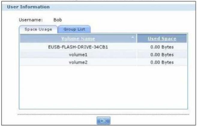 User Information Username: Bob Space Usage Group List Volume Name Used Space EUSB-FLASH-DRIVE-34CB1 0.00 Bytes volume1 0.00 Bytes volume2 0.00 Bytes OK