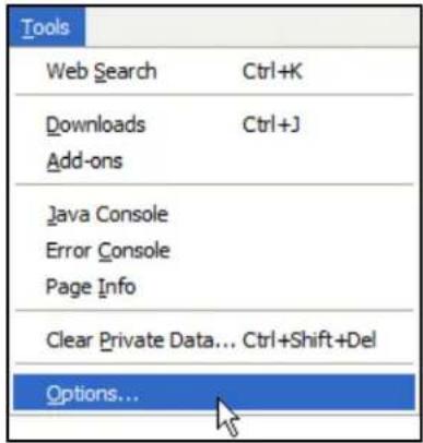 Tools Web Search Ctrl+K Downloads Ctrl+J Add-ons Java Console Error Console Page Info Clear Private Data... Ctrl+Shift+Del Options...