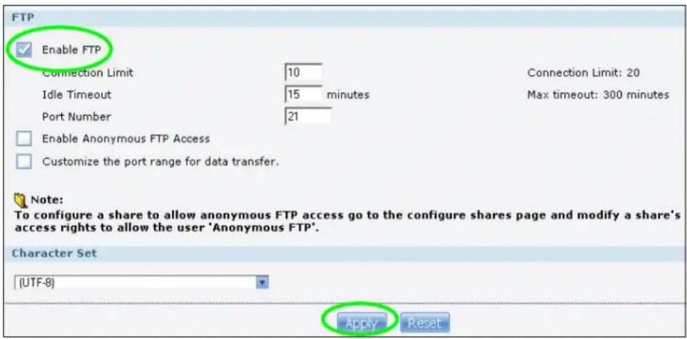FTP Enable FTP Connection Limit 10 Idle Timeout 15 minutes Port Number 21 Enable Anonymous FTP Access Customize the port range for data transfer. Note: To configure a share to allow anonymous FTP access go to the configure shares page and modify a share's access rights to allow the user 'Anonymous FTP'. Character Set [UTF-8] Apply Reset