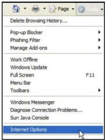 Delete Browsing History... Pop-up Blocker Phishing Filter Manage Add-ons Work Offline Windows Update Full Screen F11 Menu Bar Toolbars Windows Messenger Diagnose Connection Problems... Sun Java Console Internet Options