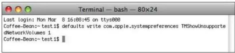 Terminal — bash — 80x24 Last login: Mon Mar 8 16:08:45 on ttys000 Coffee-Bean:~ test1$ defaults write com.apple.systempreferences TMShowUnsupported dNetworkVolumes 1 Coffee-Bean:~ test1$