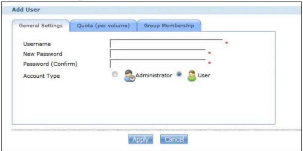 Add User General Settings Quota (per volume) Group Membership Username * New Password * Password (Confirm) * Account Type Administrator User Apply Cancel