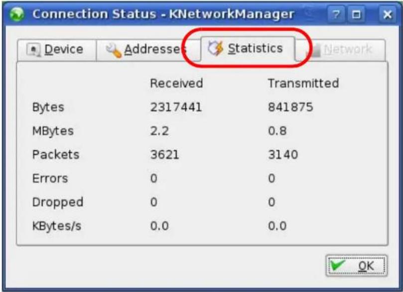 Connection Status - KNetworkManager Device Addresses Statistics Network Received Transmitted Bytes 2317441 841875 MBytes 2.2 0.8 Packets 3621 3140 Errors 0 0 Dropped 0 0 KBytes/s 0.0 0.0 OK