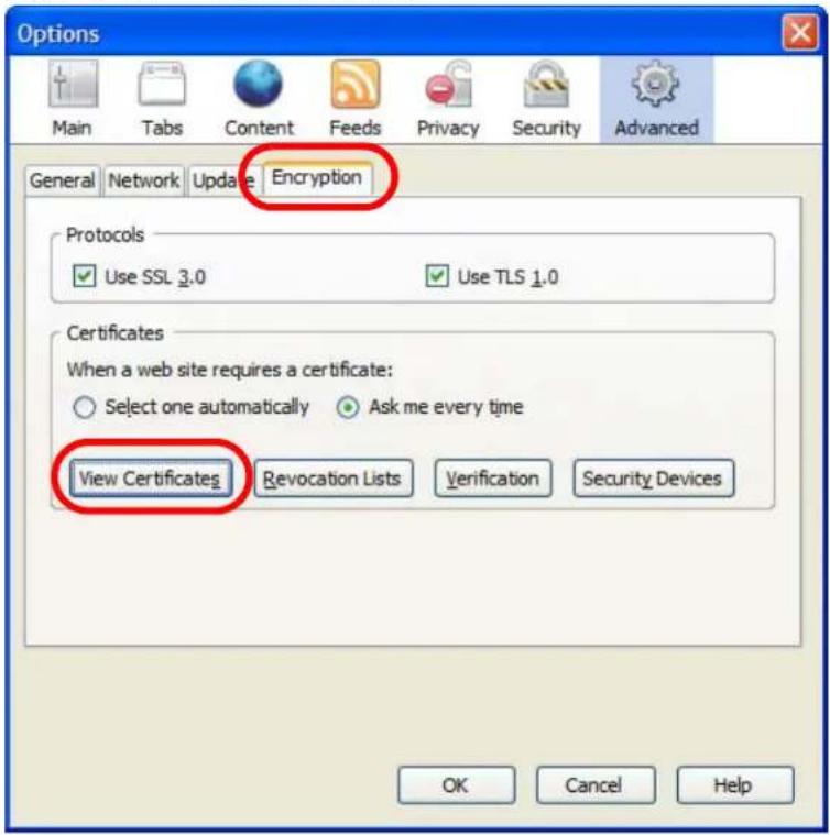 Options Main Tabs Content Feeds Privacy Security Advanced General Network Update Encryption Protocols Use SSL 3.0 Use TLS 1.0 Certificates When a web site requires a certificate: Select one automatically Ask me every time View Certificates Revocation Lists Verification Security Devices OK Cancel Help