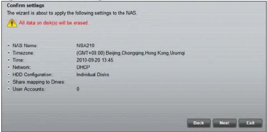 Confirm settings The wizard is about to apply the following settings to the NAS. All data on disk(s) will be erased. • NAS Name: NSA210 • Timezone: (GMT+08:00) Beijing,Chongqing,Hong Kong,Urumqi • Time: 2010-09-20 13:45 • Network: DHCP • HDD Configuration: Individual Disks • Share mapping to Drives: • User Accounts: 0 Back Next Exit