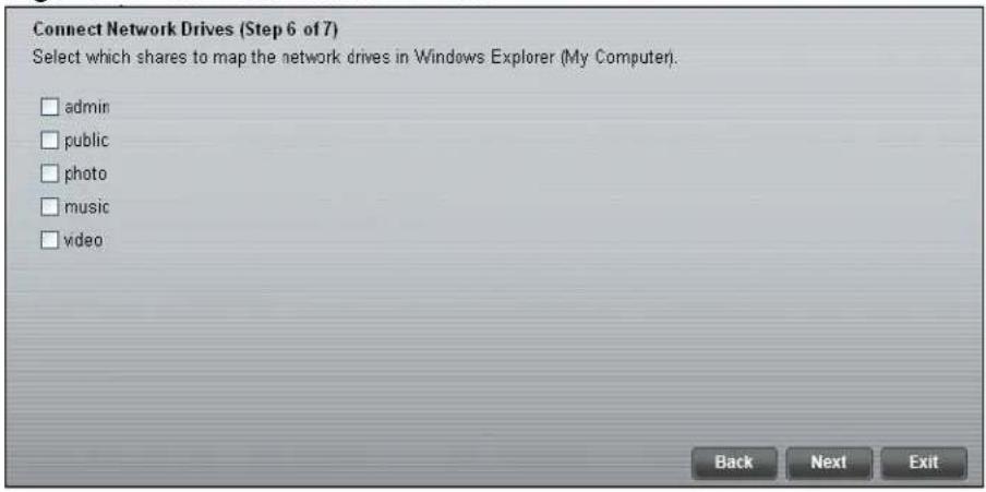 Connect Network Drives (Step 6 of 7) Select which shares to map the network drives in Windows Explorer (My Computer). □ admin □ public □ photo □ music □ video Back Next Exit