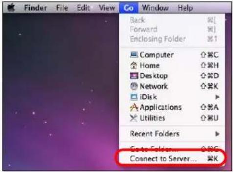 Finder File Edit View Go Window Help Back ⌘[ Forward ⌘] Enclosing Folder ⌘↑ Computer ⌘C Home ⌘H Desktop ⌘D Network ⌘K iDisk Applications ⌘A Utilities ⌘U Recent Folders Go to Folder... ⌘C Connect to Server... ⌘K