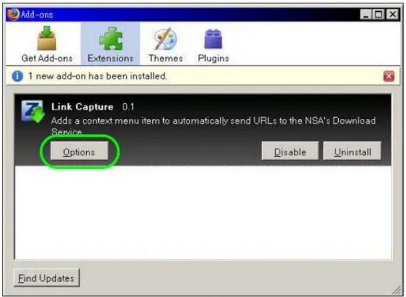 Add-ons Get Add-ons Extensions Themes Plugins 1 new add-on has been installed. Link Capture 0.1 Adds a context menu item to automatically send URLs to the NSA's Download Service Options Disable Uninstall Find Updates