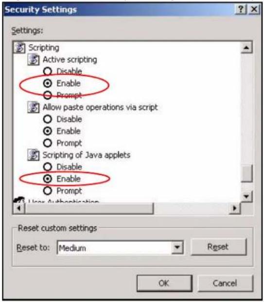 Security Settings Settings: Scripting Active scripting Disable Enable Prompt Allow paste operations via script Disable Enable Prompt Scripting of Java applets Disable Enable Prompt User Authentication Reset custom settings Reset to: Medium Reset OK Cancel