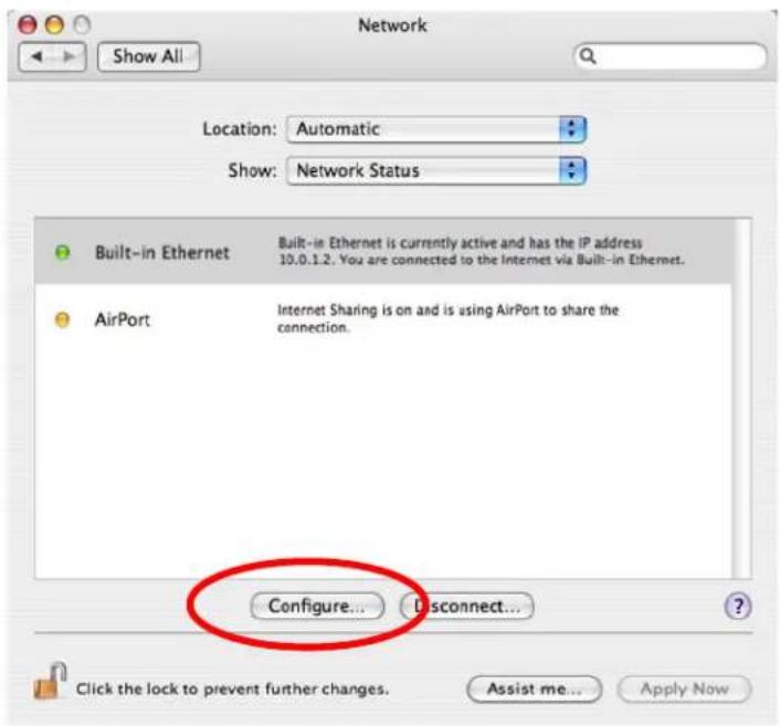 Network Location: Automatic Show: Network Status Built-in Ethernet Built-in Ethernet is currently active and has the IP address 10.0.1.2, You are connected to the Internet via Built-in Ethernet. AirPort Internet Sharing is on and is using AirPort to share the connection. Configure... Disconnect... Click the lock to prevent further changes. Assist me... Apply Now