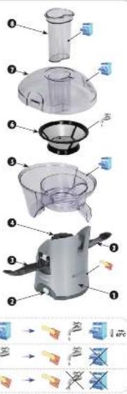 Exploded view diagram of a kitchen appliance with labeled parts and assembly instructions