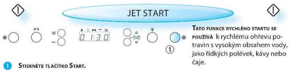 JET START TATO FUNKCE RYCHLÉHO STARTU SE POUŽÍVÁ k rychlému ohřevu po- travin s vysokým obsahem vody, jako řídkých polévek, kávy nebo čaje. STISKNĚTE TLACÍTKO START.