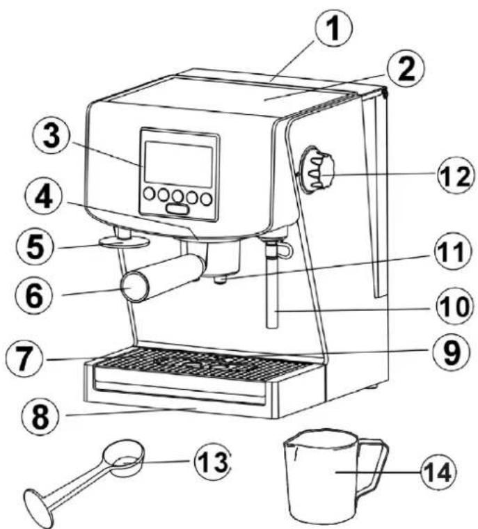 Labeled diagram of a coffee machine with numbered parts for identification and usage reference.