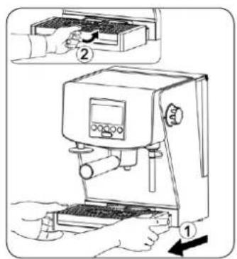 Diagram showing a hand using a coffee machine with labeled parts and a directional arrow indicating action.