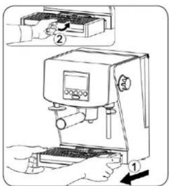 Diagram showing a hand operating a coffee machine with labeled parts and directional arrow indicating operation.