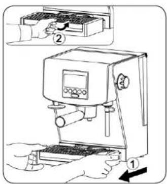 Diagram showing a hand using a coffee machine with labeled parts and directional arrow indicating action
