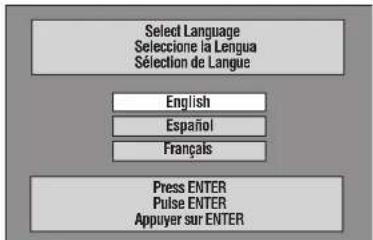 graph TD A["Select Language\nSeleccione la Lengua\nSélection de Langue"] --> B["English"] A --> C["Espanol"] A --> D["Français"] A --> E["Press ENTER\nPulse ENTER\nAppuyer sur ENTER"]