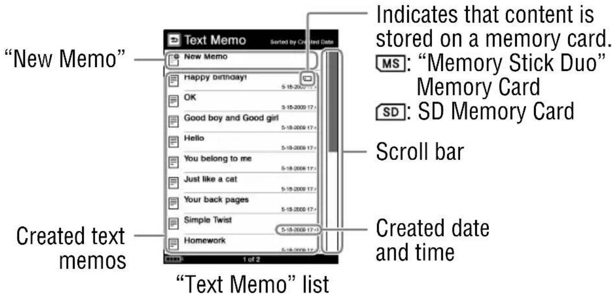 "New Memo" Created text memos 1 of 2 "Text Memo" list Indicates that content is stored on a memory card. MS: "Memory Stick Duo" Memory Card SD: SD Memory Card Scroll bar Created date and time