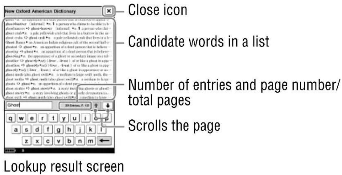 New Oxford American Dictionary Close icon Candidate words in a list Number of entries and page number/ total pages Scrolls the page Lookup result screen
