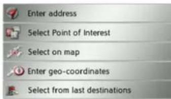 Enter address Select Point of Interest Select on map Enter geo-coordinates Select from last destinations