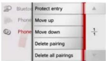 Bluetooth Phone Phone Protect entry Move up Move down Delete pairing Delete all pairings