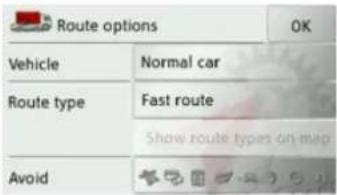 Route options OK Vehicle Normal car Route type Fast route Show route types on map Avoid