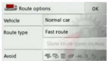 Route options OK Vehicle Normal car Route type Fast route Show route types on map Avoid