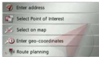 Enter address Select Point of Interest Select on map Enter geo-coordinates Route planning