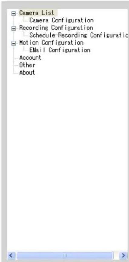 Camera List Camera Configuration Recording Configuration Schedule-Recording Configuratic Motion Configuration EMail Configuration Account Other About