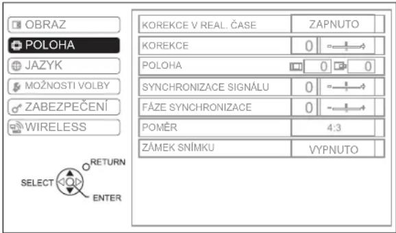 OBRAZ POLOHA JAZYK MOZNOSTI VOLBY ZABEZPEČENÍ WIRELESS SELECT RETURN ENTER KOREKCE V REAL. ČASE ZAPNUTO KOREKCE 0 POLOHA 0 0 SYNCHRONIZACE SIGNÁLU 0 FÁZE SYNCHRONIZACE 0 POMĚR 4:3 ZÁMEK SNÍMKU VYPNUTO