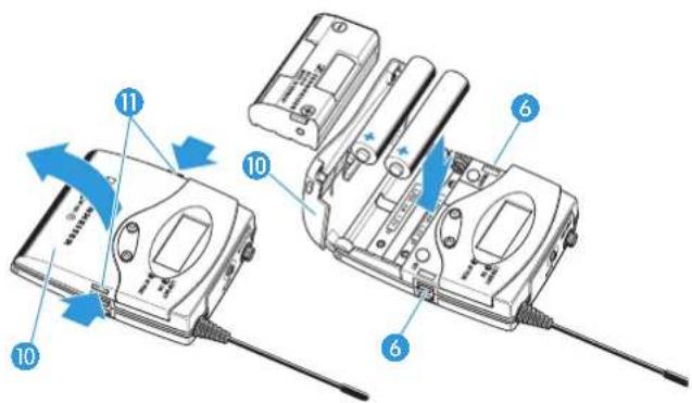 Diagram showing two electronic devices with numbered parts and blue directional arrows indicating movement or assembly.