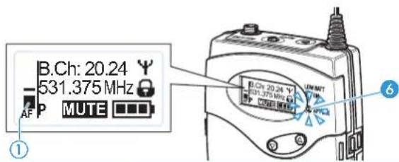 B.Ch: 20.24 531.375 MHz AF P MUTE ① B.Ch: 20.24 Y 531.375 MHz ⑥