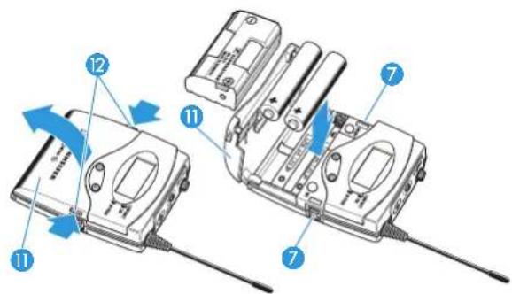 Diagram showing two electronic devices with numbered parts and blue directional arrows indicating motion or movement.