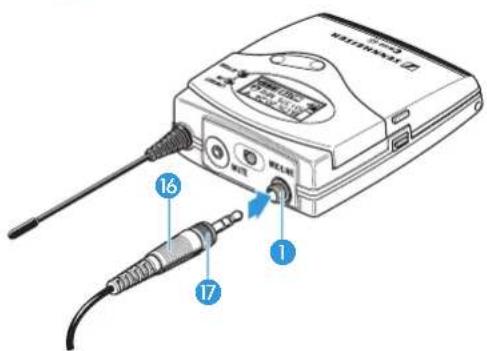 Diagram of a wireless earphone with labeled ports and cable connections, showing ports 1, 16, and 17.