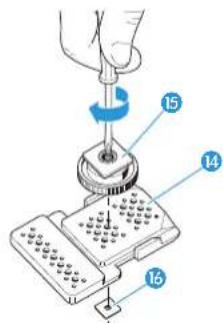 Diagram showing a hand using a tool to press a mechanical component labeled 14, 15, and 16, with a grid of pins inserted.