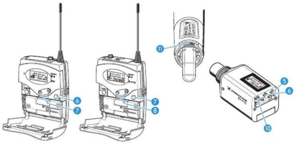Technical diagram of a walkie-talkie with labeled parts including front, side, and top views