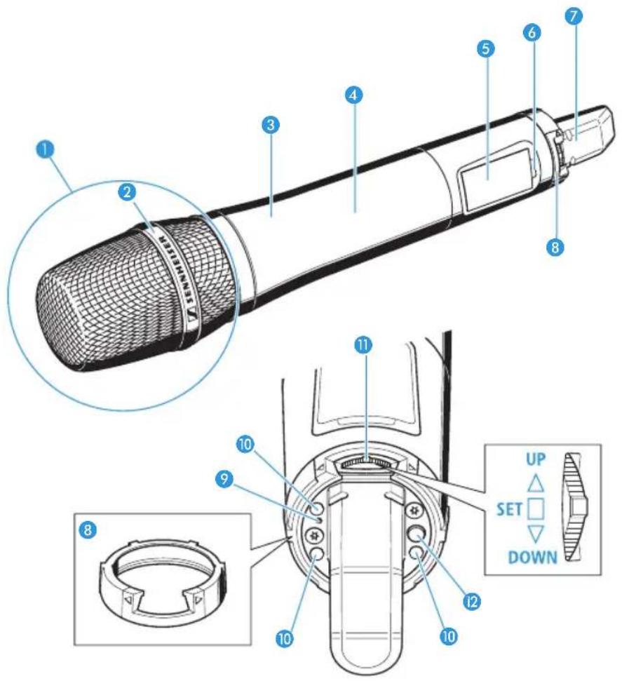 Technical diagram of a wireless microphone with numbered parts and labeled control buttons for UP, SET, and DOWN functions.