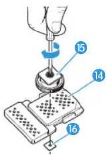 Diagram showing a hand using a tool to press or install a component labeled 14, 15, and 16, with a base device partially visible.