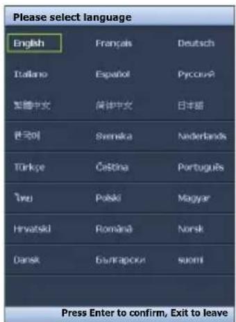 Please select language English Français Deutsch Italiano Español Pycouné 繁體中文 簡体中文 日本語 西班牙 Svenska Netherlands Turkçe Čeština Portugues Twei Polski Magyar Hrvatski Romanáš Norsk Dansk Bunkapocka suomi Press Enter to confirm, Exit to leave