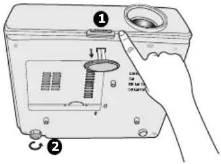 Diagram of a device with labeled parts and directional arrows, showing internal components and a hand holding the component.