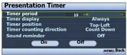 Presentation Timer Timer period 15 Timer display Always Timer position Top-Left Timer counting direction Count Down Sound reminder Off On Off MENU Back