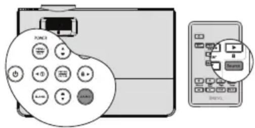 Diagram showing a power control device with labeled buttons and an icon of a battery connected to its screen.