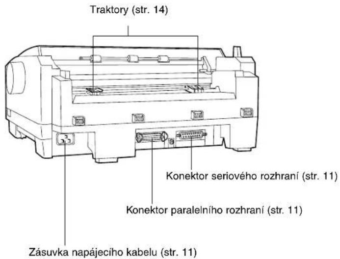 Traktory (str. 14) Konektor seriového rozhraní (str. 11) Konektor paralelního rozhraní (str. 11) Zásuvka napájecího kabelu (str. 11)