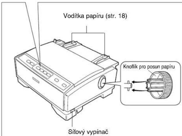 Vodítka papíru (str. 18) Sítový vypínač Knoflik pro posun papíru